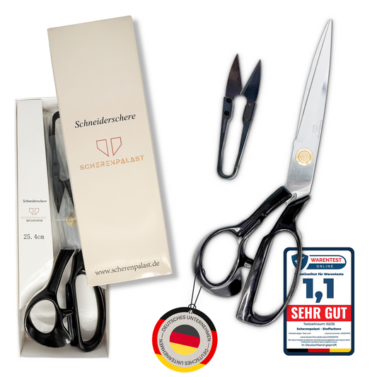 Scherenpalast® Schneiderschere 25,4 cm – scharfe Nähschere & Stoffschere aus rostfreiem Edelstahl – Profi Textilschere mit Fadenschneider, ergonomischer Griff & Geschenkbox – Nähzubehör