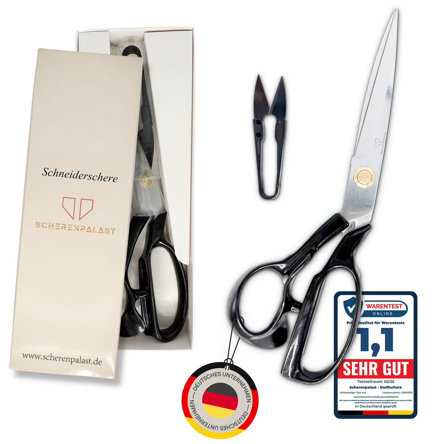 Scherenpalast® Große Schneiderschere 30,5 cm – Profi Nähschere & Stoffschere aus rostfreiem Edelstahl – scharf & ergonomisch mit Fadenschneider, Daumenauflage & Geschenkbox – Nähzubehör