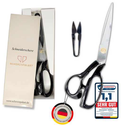 Scherenpalast® Große Schneiderschere 30,5 cm – Profi Nähschere & Stoffschere aus rostfreiem Edelstahl – scharf & ergonomisch mit Fadenschneider, Daumenauflage & Geschenkbox – Nähzubehör