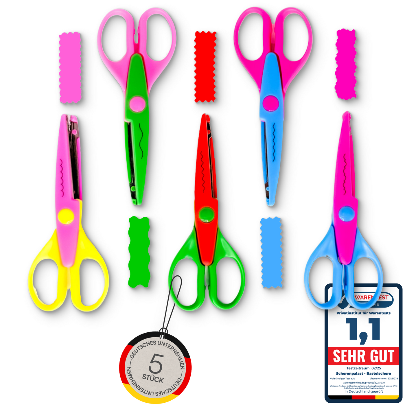 Scherenpalast® Kinder Bastelscheren 5er-Set – Zick-Zack- & Dekoscheren für kreative Bastelarbeiten, Scrapbooking & Schule – sichere Kinderscheren mit verschiedenen Schnittmustern