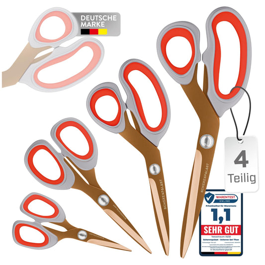 Scherenpalast® Premium-Scheren Set 4-teilig, kupferrot, titanbeschichtet – 23,5 / 20,5 / 17,5 / 13,5 cm – Premium Haushaltsschere & Stoffschere, Profi Schneiderschere, Nähzubehör & Bastelschere