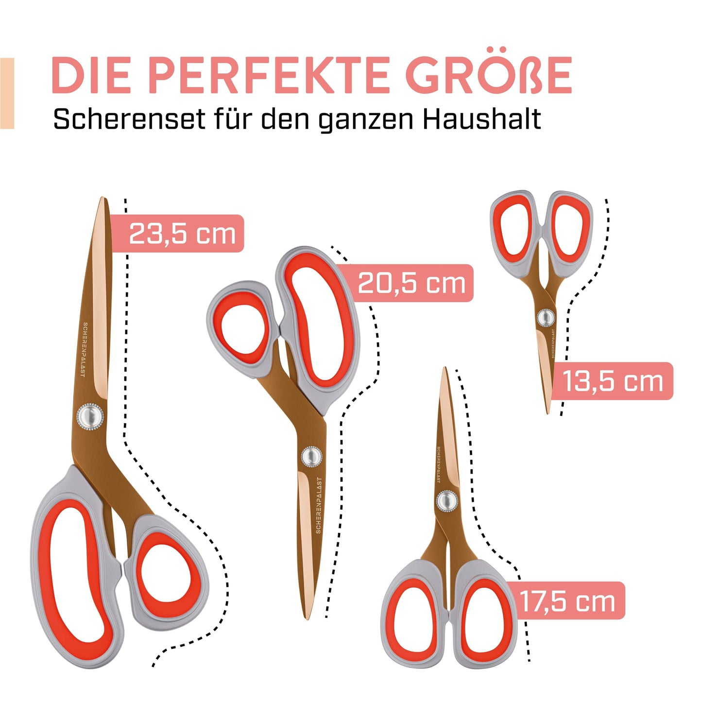 Scherenpalast® Premium-Scheren Set 4-teilig, kupferrot, titanbeschichtet – 23,5 / 20,5 / 17,5 / 13,5 cm – Premium Haushaltsschere & Stoffschere, Profi Schneiderschere, Nähzubehör & Bastelschere