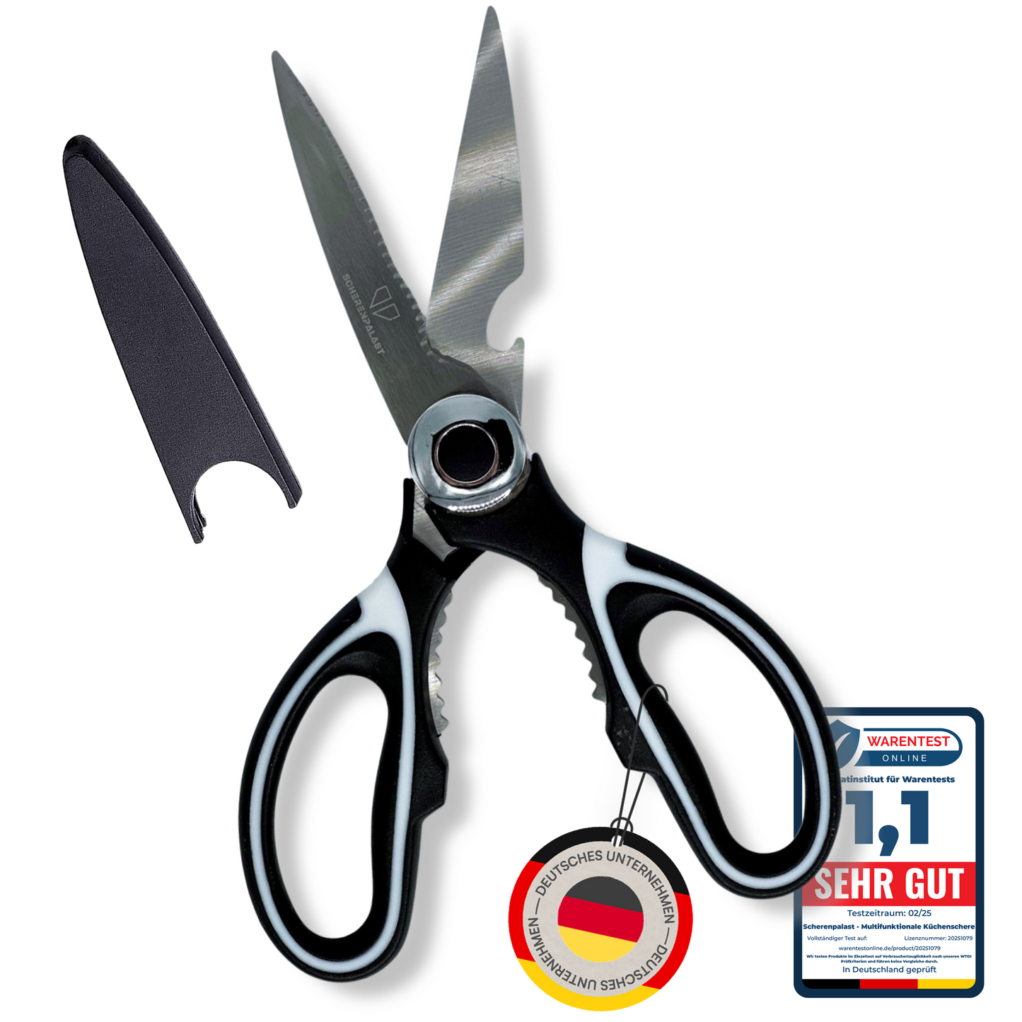 Küchenschere Edelstahl vom Scherenpalast®, Geflügelschere, Mehrzweck Haushaltsschere, Stoffschere, Schere mit Schutzhülle für Geflügel, Knochen, Fisch, Kräuter & Gemüse, Dosenschneider, Nussknacker