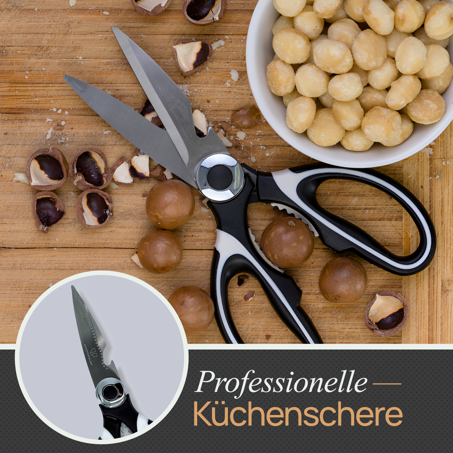 Küchenschere Edelstahl vom Scherenpalast®, Geflügelschere, Mehrzweck Haushaltsschere, Stoffschere, Schere mit Schutzhülle für Geflügel, Knochen, Fisch, Kräuter & Gemüse, Dosenschneider, Nussknacker