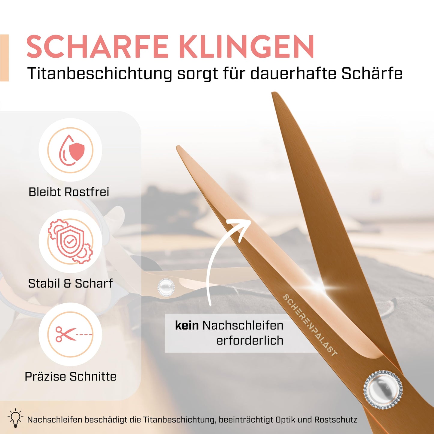 Scherenpalast® Premium-Scheren Set 4-teilig, kupferrot, titanbeschichtet – 23,5 / 20,5 / 17,5 / 13,5 cm – Premium Haushaltsschere & Stoffschere, Profi Schneiderschere, Nähzubehör & Bastelschere