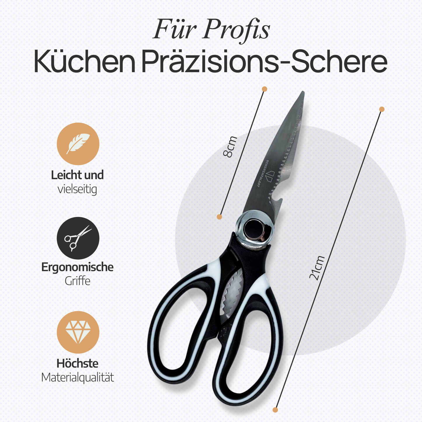 Küchenschere Edelstahl vom Scherenpalast®, Geflügelschere, Mehrzweck Haushaltsschere, Stoffschere, Schere mit Schutzhülle für Geflügel, Knochen, Fisch, Kräuter & Gemüse, Dosenschneider, Nussknacker