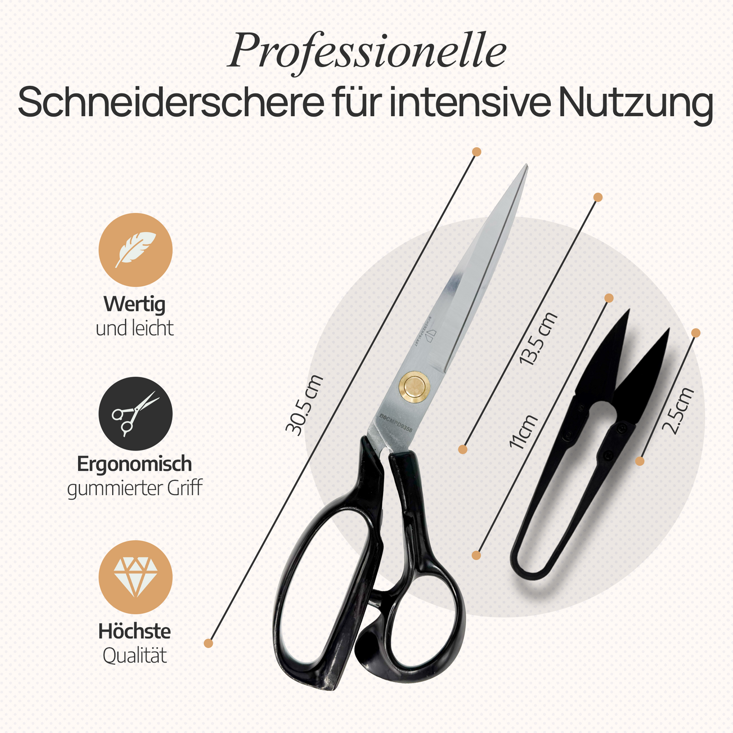 Scherenpalast® Schneiderschere 25,4 cm – scharfe Nähschere & Stoffschere aus rostfreiem Edelstahl – Profi Textilschere mit Fadenschneider, ergonomischer Griff & Geschenkbox – Nähzubehör