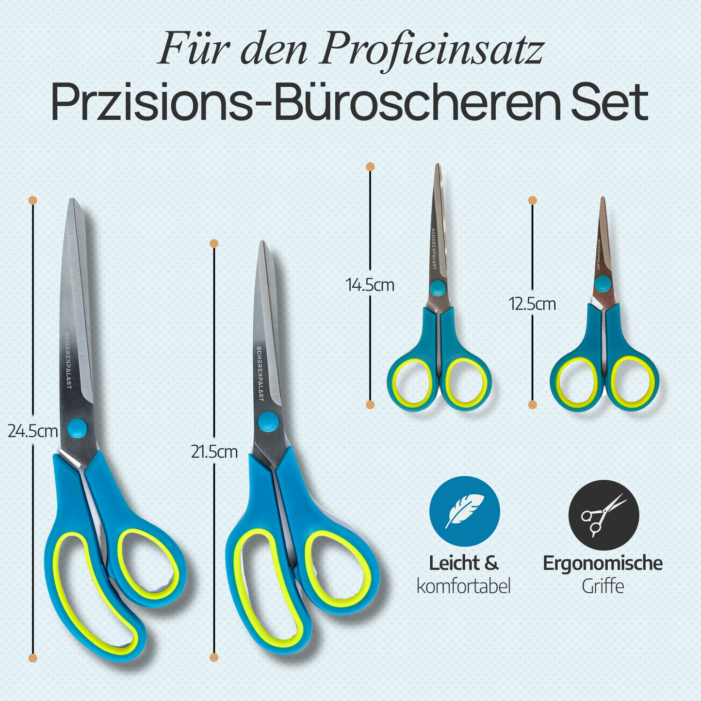 Scherenpalast® 4-teiliger Scheren-Set (24,5 / 21,5 / 14,5 / 12,5 cm) – ultrascharfe Klingen & ergonomische Griffe – aus Edelstahl für Büro, Haushalt & Basteln – für Rechts- & Linkshänder