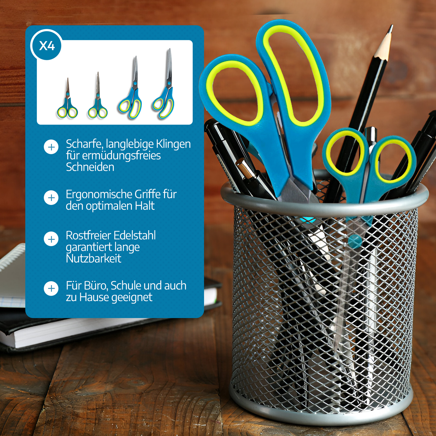 Scherenpalast® 4-teiliger Scheren-Set (24,5 / 21,5 / 14,5 / 12,5 cm) – ultrascharfe Klingen & ergonomische Griffe – aus Edelstahl für Büro, Haushalt & Basteln – für Rechts- & Linkshänder