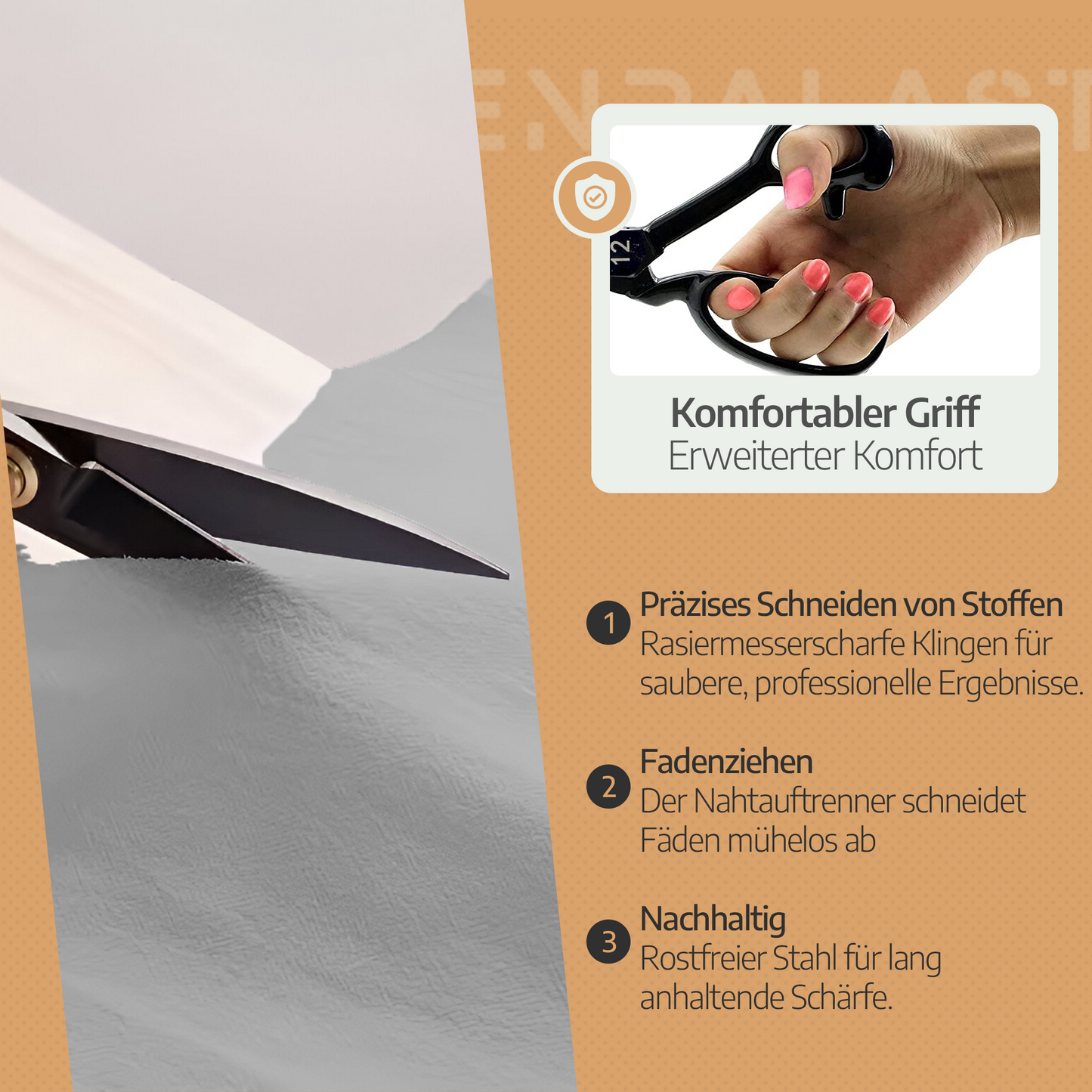 Scherenpalast® Große Schneiderschere 30,5 cm – Profi Nähschere & Stoffschere aus rostfreiem Edelstahl – scharf & ergonomisch mit Fadenschneider, Daumenauflage & Geschenkbox – Nähzubehör