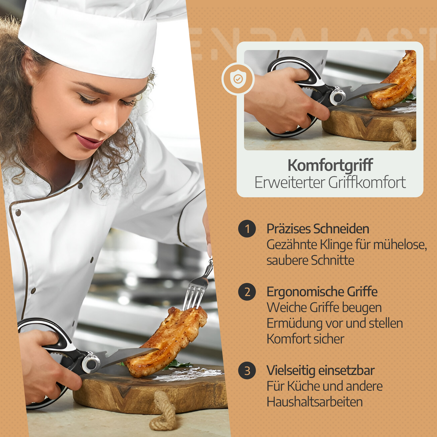 Küchenschere Edelstahl vom Scherenpalast®, Geflügelschere, Mehrzweck Haushaltsschere, Stoffschere, Schere mit Schutzhülle für Geflügel, Knochen, Fisch, Kräuter & Gemüse, Dosenschneider, Nussknacker