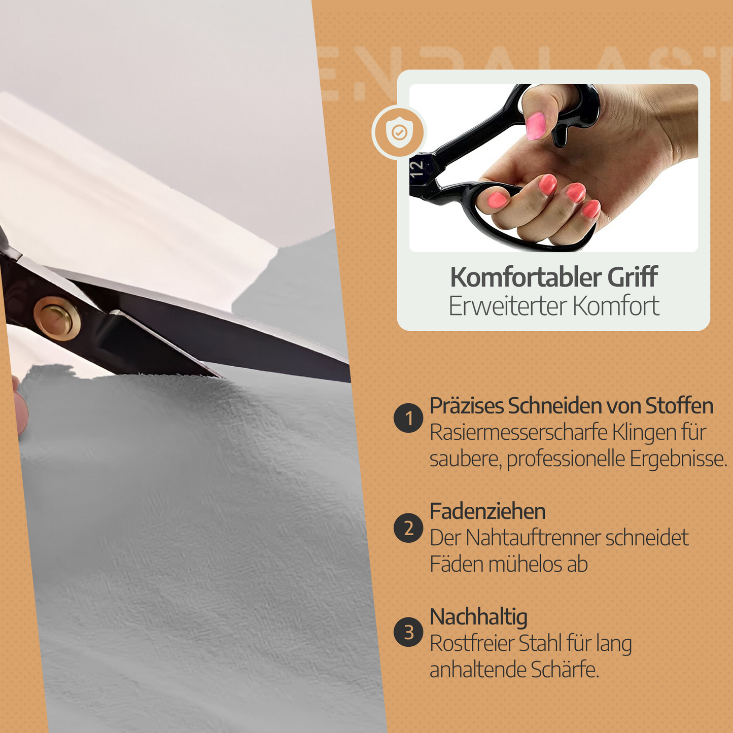 Scherenpalast® Schneiderschere 25,4 cm – scharfe Nähschere & Stoffschere aus rostfreiem Edelstahl – Profi Textilschere mit Fadenschneider, ergonomischer Griff & Geschenkbox – Nähzubehör