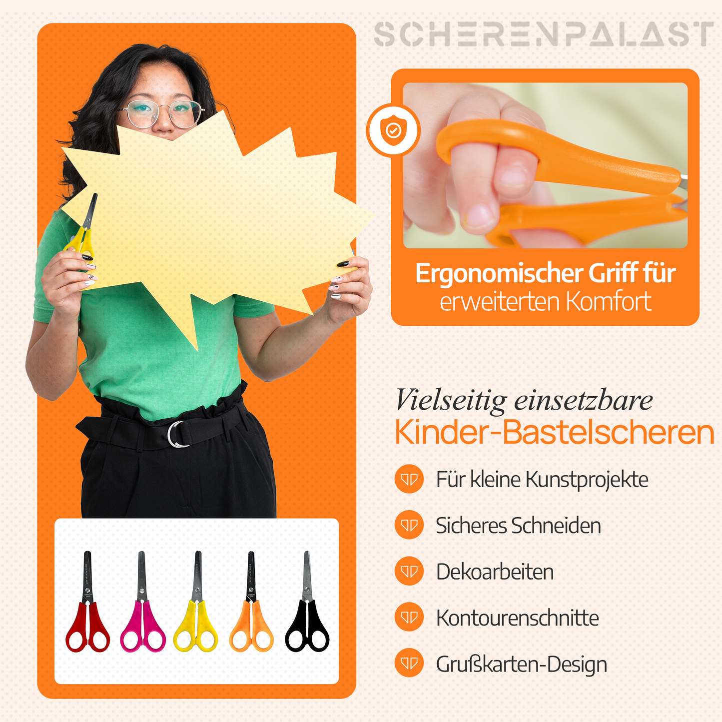 Scherenpalast® Kinderscheren-Set (5 Stück, 13 cm) – sichere Bastelscheren mit abgerundeter Spitze & 5 cm Lineal – für Kinder ab 3 Jahren, Schule & Basteln – ideal zum Schulstart & 1. Klasse