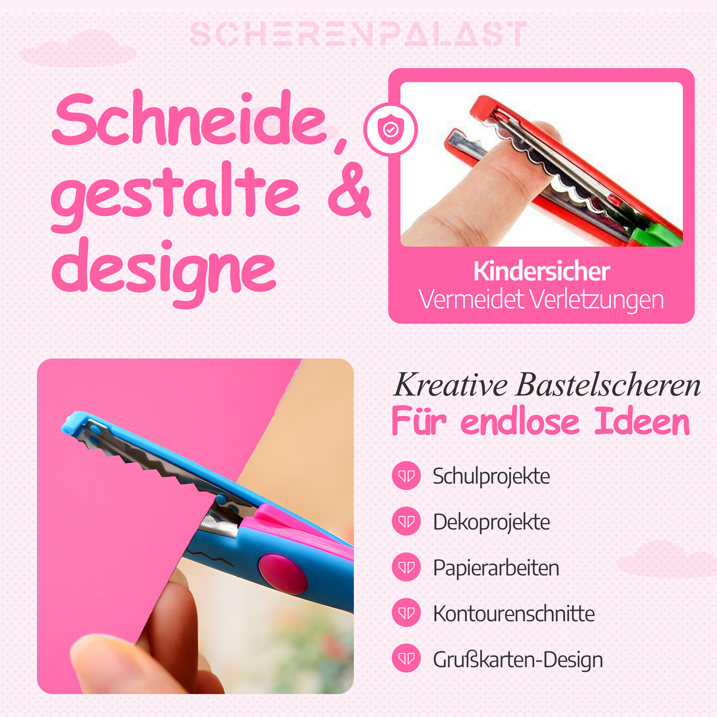 Scherenpalast® Kinder Bastelscheren 5er-Set – Zick-Zack- & Dekoscheren für kreative Bastelarbeiten, Scrapbooking & Schule – sichere Kinderscheren mit verschiedenen Schnittmustern