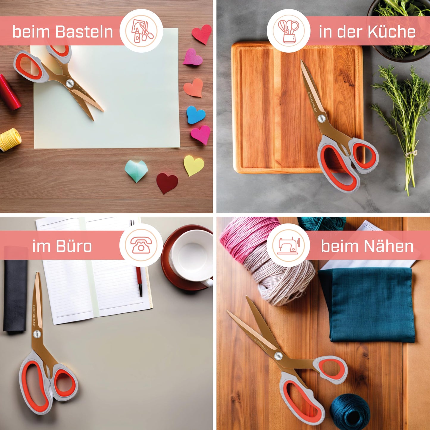 Scherenpalast® Premium-Scheren Set 4-teilig, kupferrot, titanbeschichtet – 23,5 / 20,5 / 17,5 / 13,5 cm – Premium Haushaltsschere & Stoffschere, Profi Schneiderschere, Nähzubehör & Bastelschere