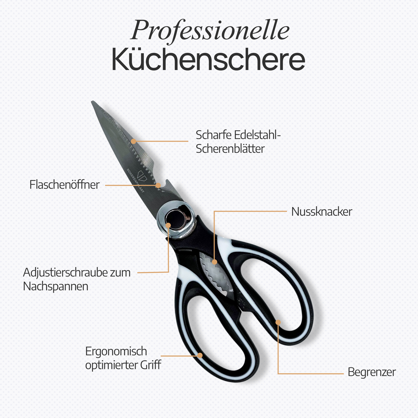 Küchenschere Edelstahl vom Scherenpalast®, Geflügelschere, Mehrzweck Haushaltsschere, Stoffschere, Schere mit Schutzhülle für Geflügel, Knochen, Fisch, Kräuter & Gemüse, Dosenschneider, Nussknacker