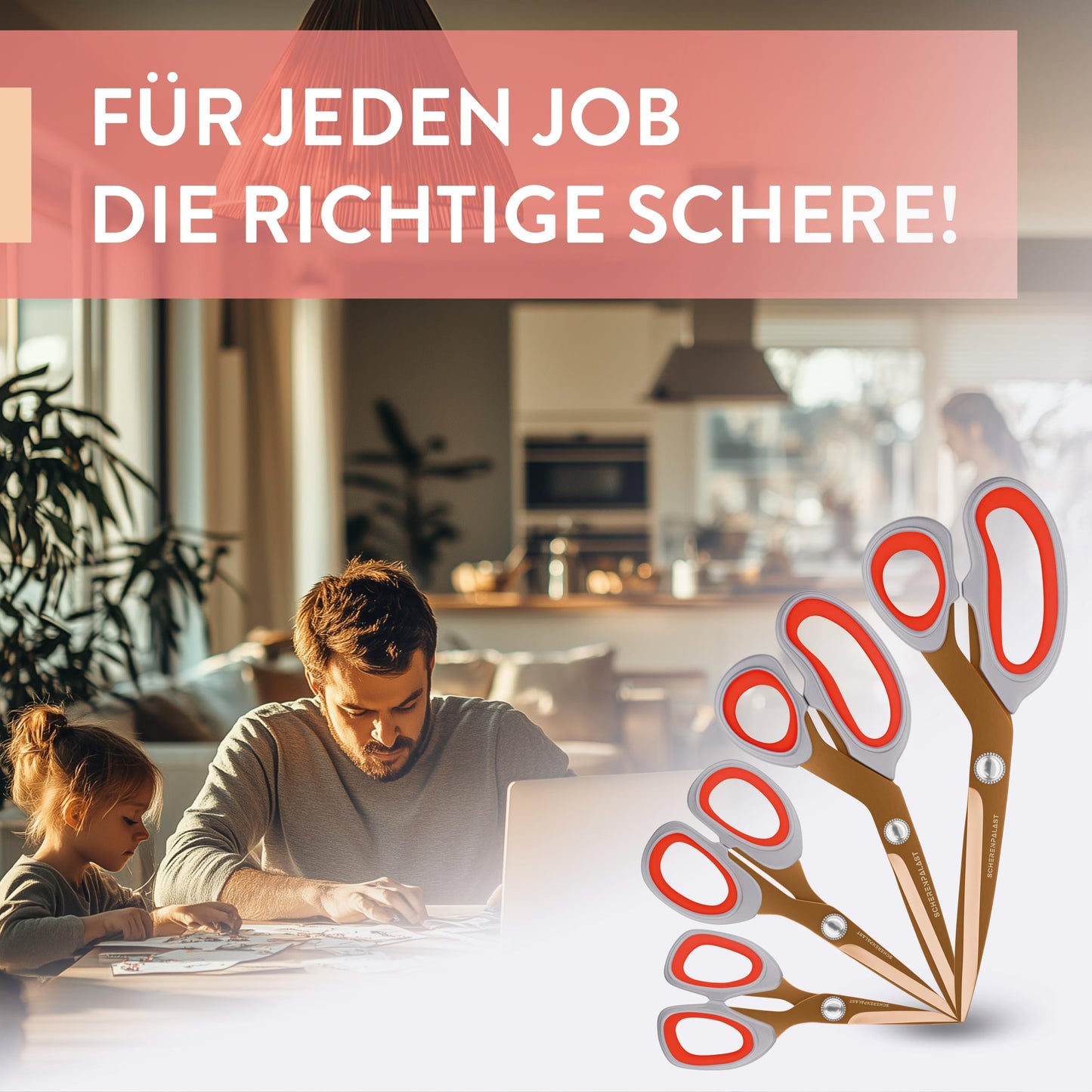Scherenpalast® Premium-Scheren Set 4-teilig, kupferrot, titanbeschichtet – 23,5 / 20,5 / 17,5 / 13,5 cm – Premium Haushaltsschere & Stoffschere, Profi Schneiderschere, Nähzubehör & Bastelschere