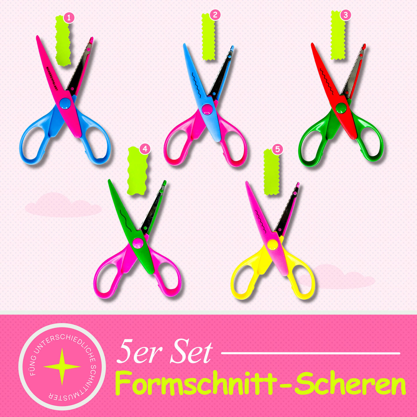 Scherenpalast® Kinder Bastelscheren 5er-Set – Zick-Zack- & Dekoscheren für kreative Bastelarbeiten, Scrapbooking & Schule – sichere Kinderscheren mit verschiedenen Schnittmustern